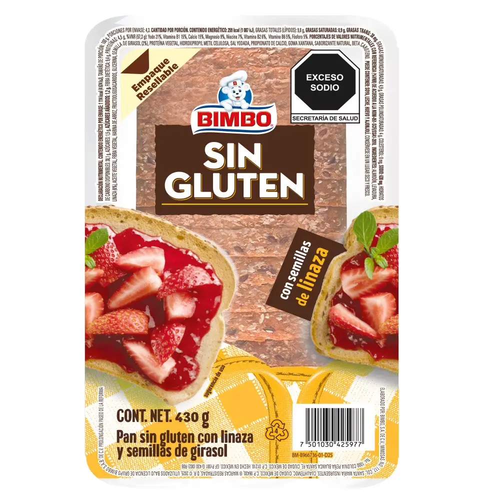 Pan Blanco con Semillas Chía y Linaza sin Gluten Empaque Resellable 430 grs